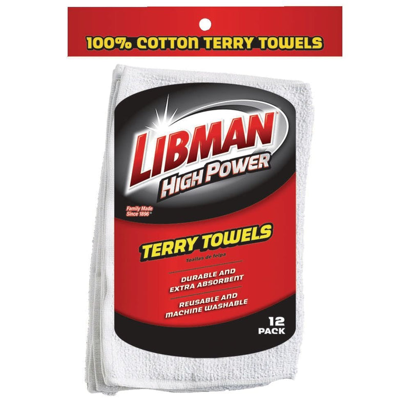 Libman Heavy Duty All-Purpose Machine Washable 100% Cotton Terry Towels, White, 12-pk L7