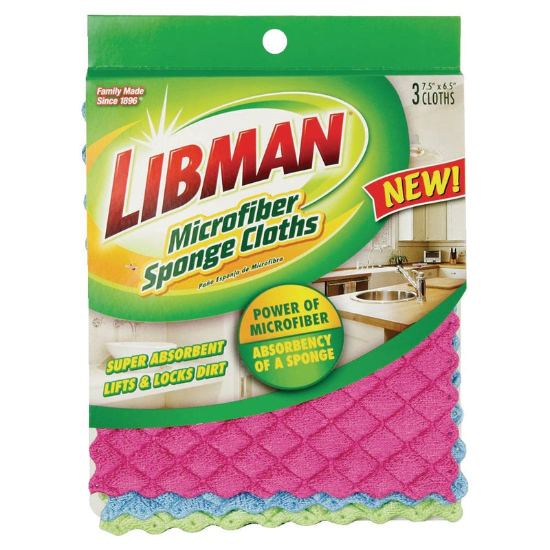 Libman Machine Washable Microfibre Sponge Cloths, Assorted Colours, 3-pk B4