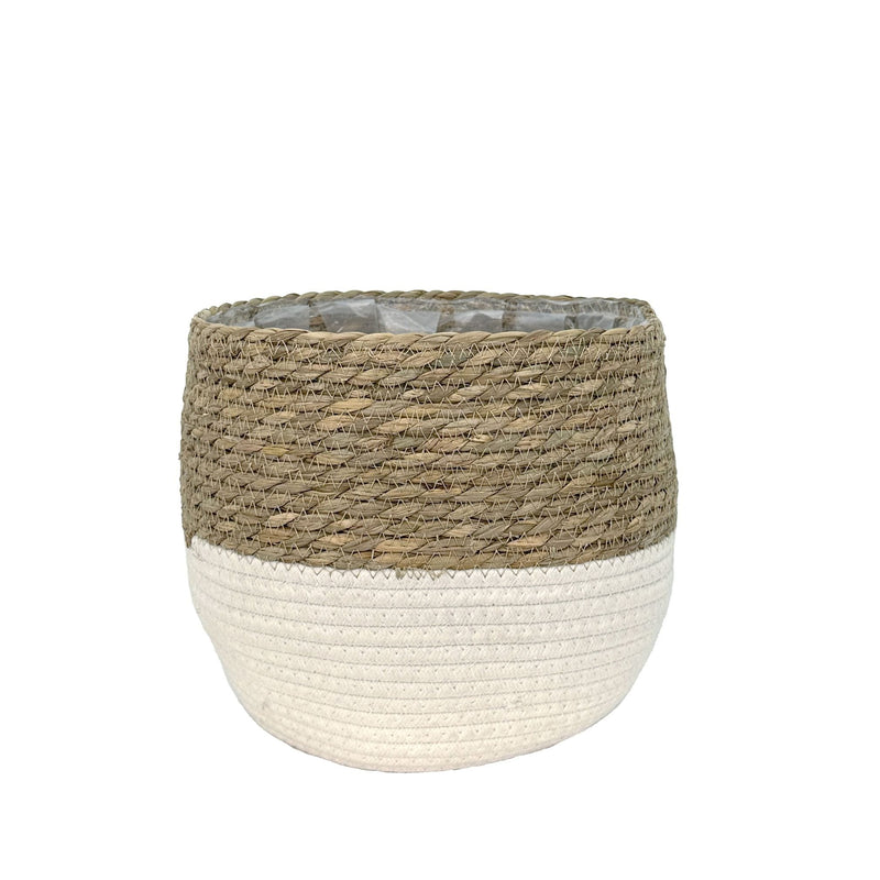Lynne Weave Cotton Jute Round Basket Planter with Leaf-Proof Plastic Lining, 8-in B8