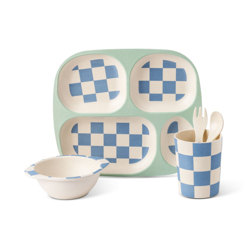 Manna Kids' Bamboo Fiber Dinnerware Set, Blue Check, 5-pc J2