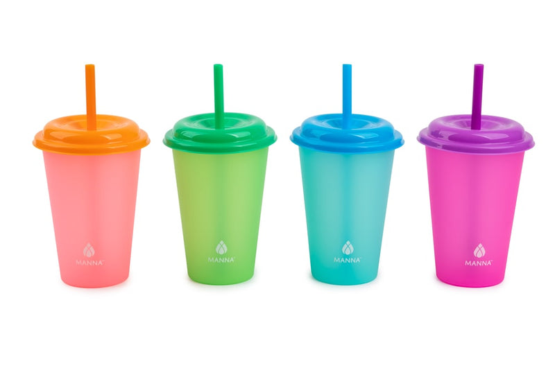 Manna Plastic Colour Changing Cups with Straws & Lids, 12-oz, 4-pk, Assorted Colours X0