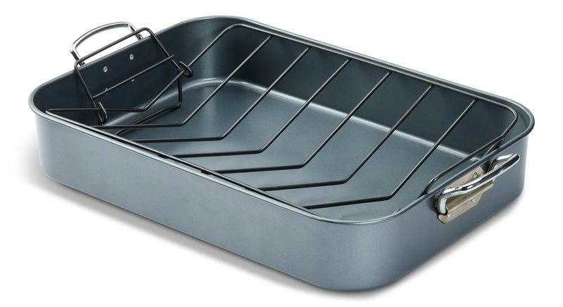 Master Chef Heavy-Duty Grey Non-Stick Roaster with Handle and Rack, 17-in J3