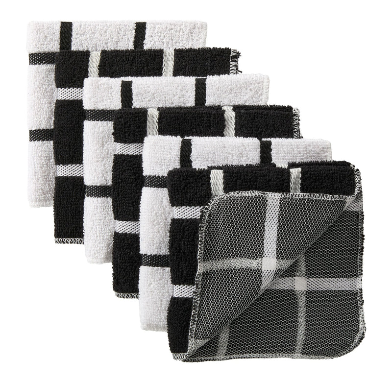 Master Chef Terry Checkered Dish Cloths with Scrubber, Black, 6-pk B0