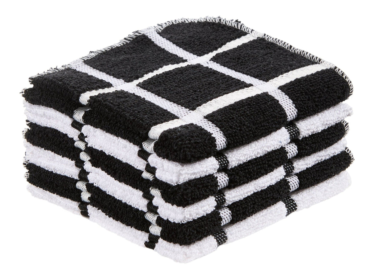 Master Chef Terry Checkered Dish Cloths with Scrubber, Black, 6-pk