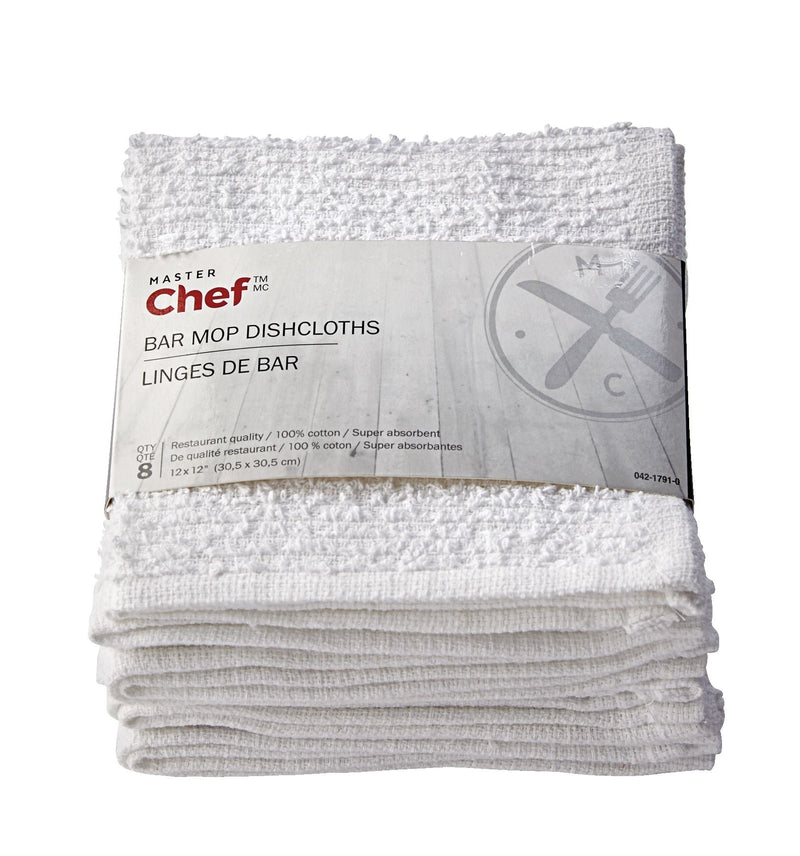 MASTER Chef Terry Cotton Bar Mop Dishcloths, Reusable, 12-in x 12-in, 8-pk, White M2