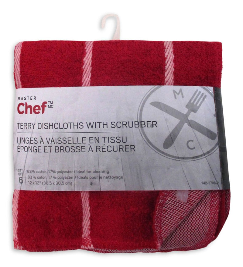 MASTER Chef Terry Cotton Checkered Dishcloths, 12-in x 12-in, Red, with Scrubber, 6-pk P3