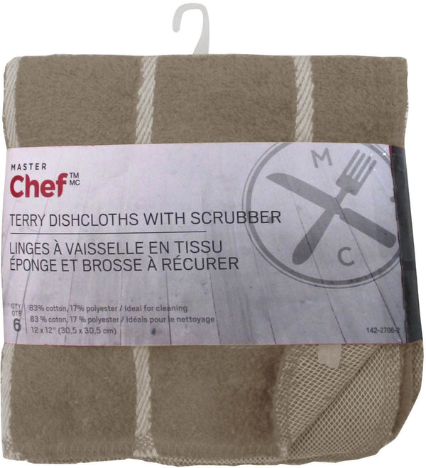 MASTER Chef Terry Cotton Checkered Dishcloths with Scrubber, 12-in x 12-in, 6-pk, Brown O1