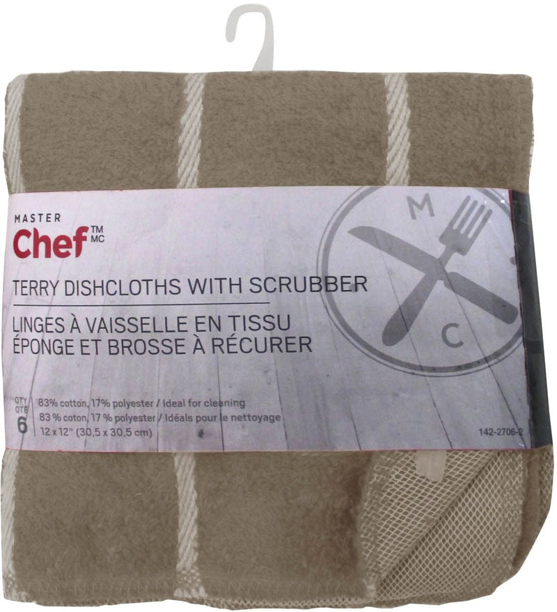 MASTER Chef Terry Cotton Checkered Dishcloths with Scrubber, 12-in x 12-in, 6-pk, Brown O1