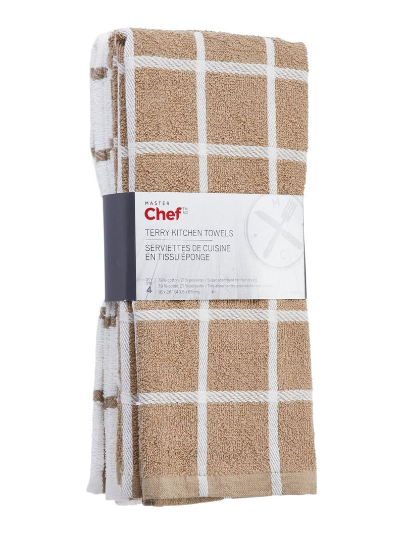 MASTER Chef Terry Cotton Checkered Kitchen Towels, Reusable, 16-in x 26-in, 4-pk, Brown/White D0