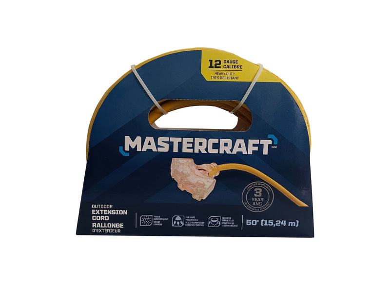 Mastercraft 12/3 Yellow Outdoor Extension Cord with 3 Grounded Outlets and Lighted End X6