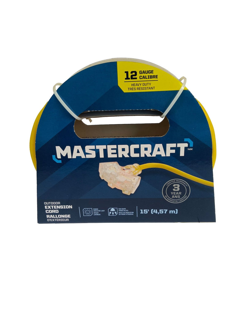 Mastercraft 15-ft 12/3 Outdoor Extension Cord with 3 Grounded Outlets and Lighted End, Yellow L3