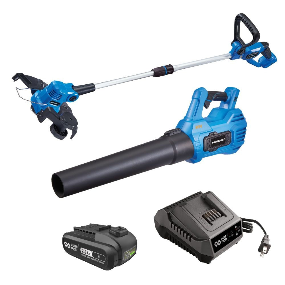 Mastercraft 20V Cordless 12" String Trimmer and 370CFM Blower Combo Kit with PWR POD 2 Ah Battery and Charger