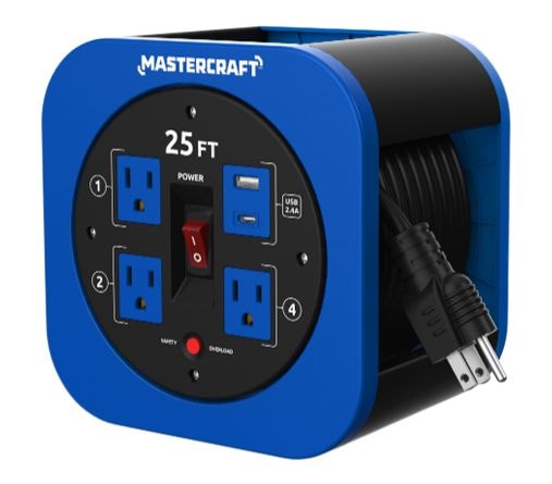 Mastercraft 25-ft 13A 3-Outlet/1 USB-A and 1 USB-C Extension Cord Reel D5