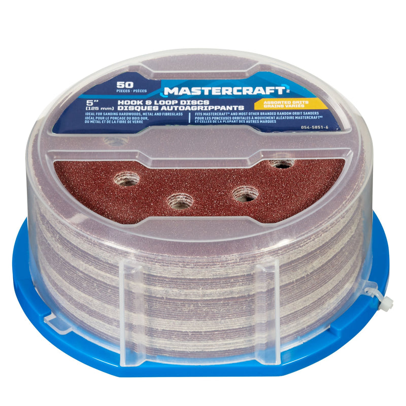 Mastercraft 5-in Assorted Grit Hook & Loop Aluminum Oxide 8-Hole Sanding Disc Set for Wood, Metal, 50-pc Z2