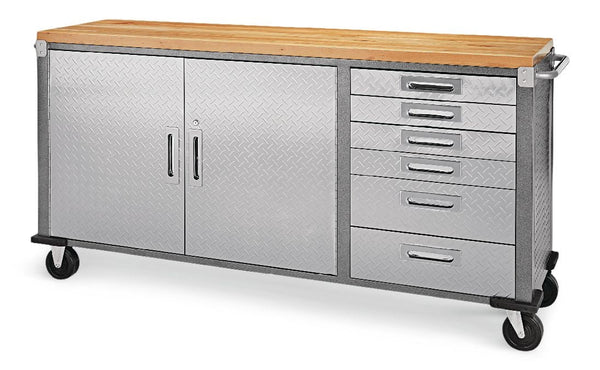Mastercraft 72" Diamond Series 2-Door, 6-Drawer Wooden Top Work Station with Wheels, 72 x 21-5/8 x 37-1/2-in Q0