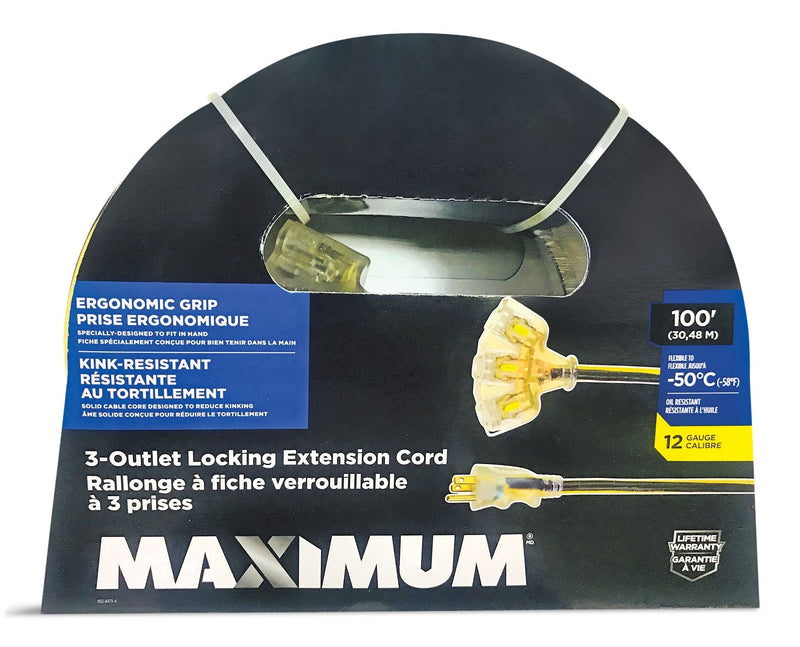 MAXIMUM 100-ft 12/3 Outdoor Extension Cord with 3 Grounded Outlets, Lighted End and Locking Connector, Yellow/Black M1