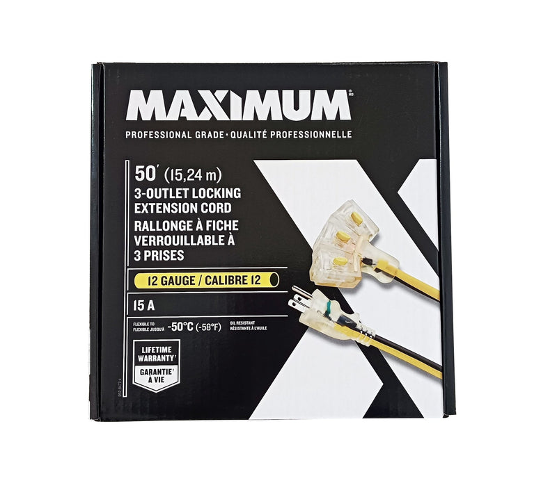 MAXIMUM 3-Outlet Locking Extension Cord, 50-ft, Yellow/Black O7