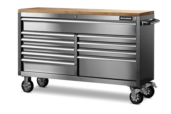 MAXIMUM Butcher Block Top Rolling Tool Storage Cabinet with 10 Drawers, Stainless Steel, 56-in H2