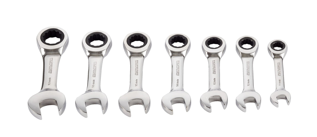 MAXIMUM Stubby Ratcheting Wrench Set, Metric, Nickel-Chrome Plating, 7-pc