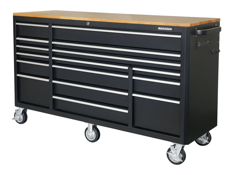 MAXIMUM Tool Cabinet with Wood Top and 4-Outlet Power Strip, Black, 74x24-in V1