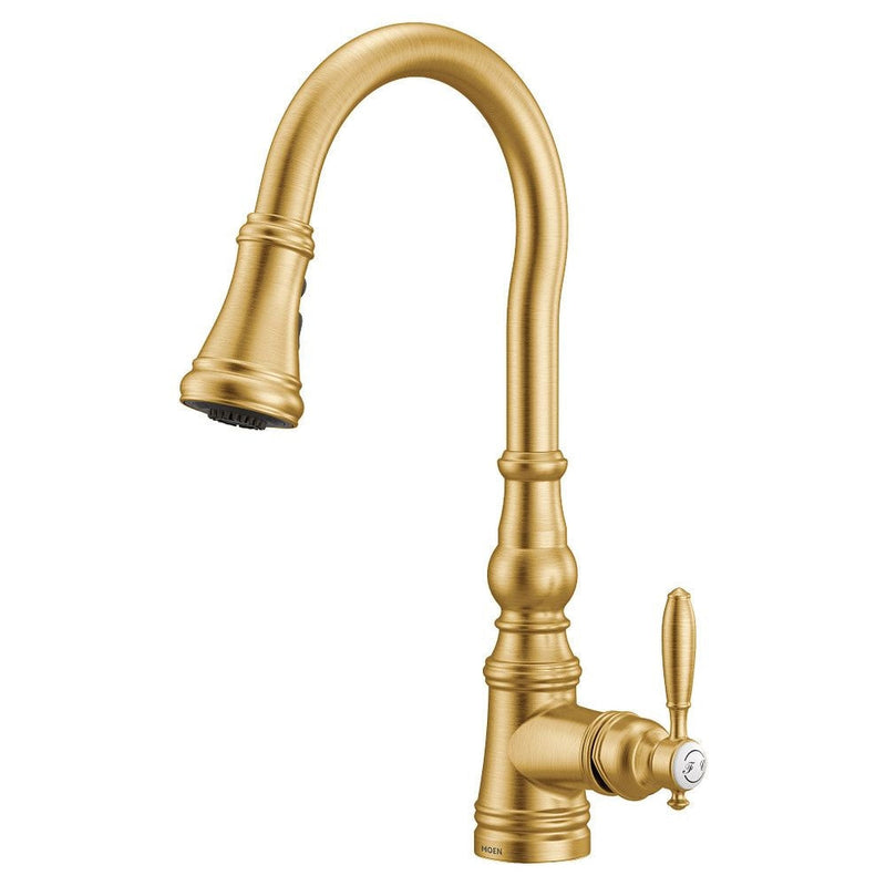 Moen Weymouth Single Handle High Arc Pull Down Sprayer Kitchen Faucet with Power Boost, Brushed Gold K8