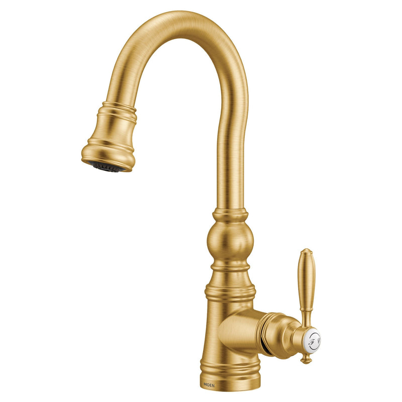 Moen Weymouth Single Handle High Arc Pull Down Sprayer Kitchen Faucet with Power Clean, Brushed Gold A8