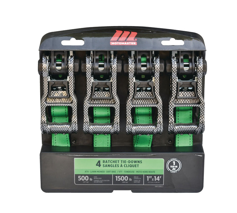 MotoMaster 1,500-lb Carbon Ratchet Tie Downs, Weatherproof, 1-in x 14-ft, 4-pk, Green K8