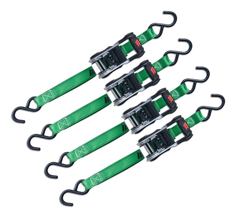 MotoMaster 1,500-lb Ratchet Tie Down, with Padded D-Handle, 1-in x 14-ft, 4-pk, Green N1