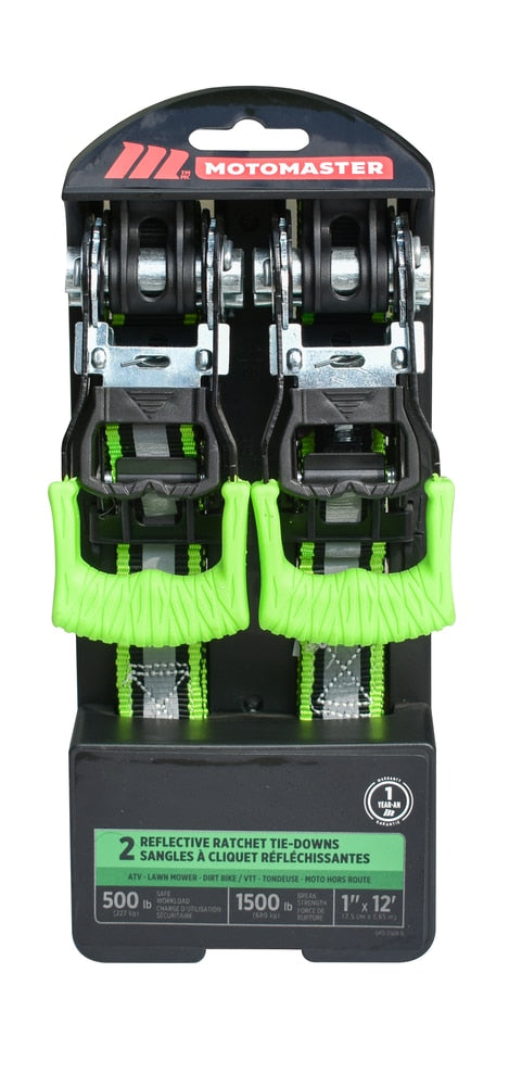 MotoMaster 1,500-lb Reflective Ratchet Tie-Down Strap with Padded D-Handle, 1-in x 12-ft, 2-pk F6