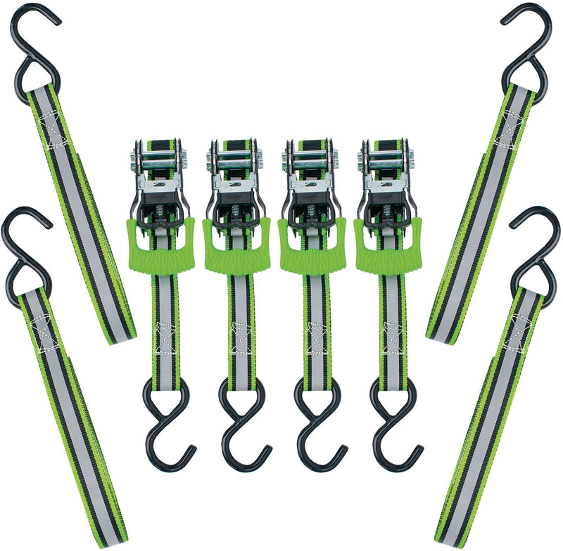MotoMaster 1,500-lb Reflective Ratchet Tie Down Strap, with Padded D-Handle, 1-in x 12-ft, 4-pk, Green R2
