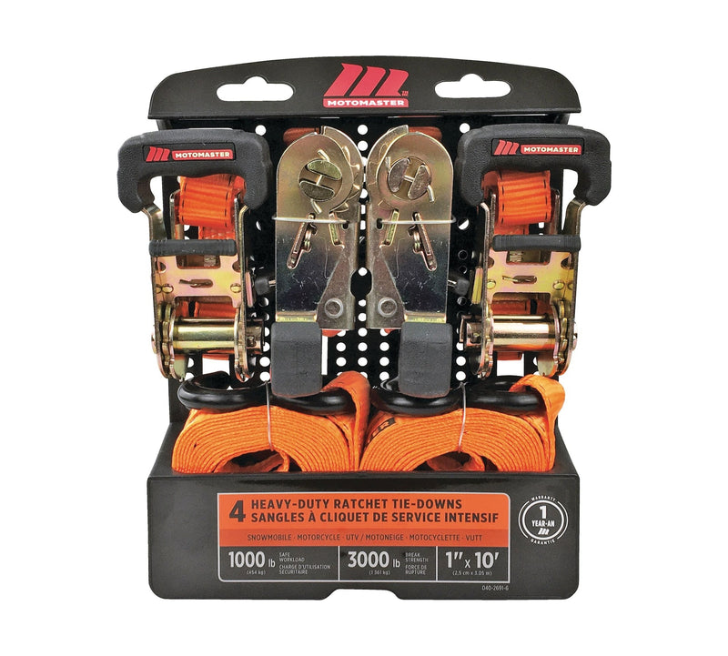 MotoMaster 3,000-lb Ratchet Tie Down Straps, with Power Grip Padded Handles, 1-in x 10-ft, 4-pk B9