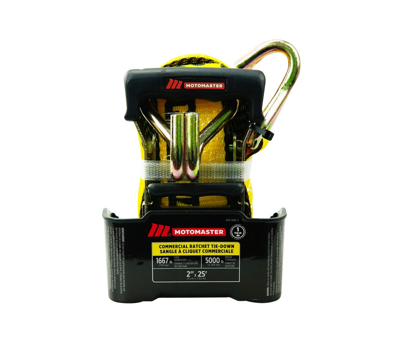 MotoMaster 5,000-lb Commercial Ratchet Tie Down Strap with Double-J Hook, 2-in x 25-ft E5