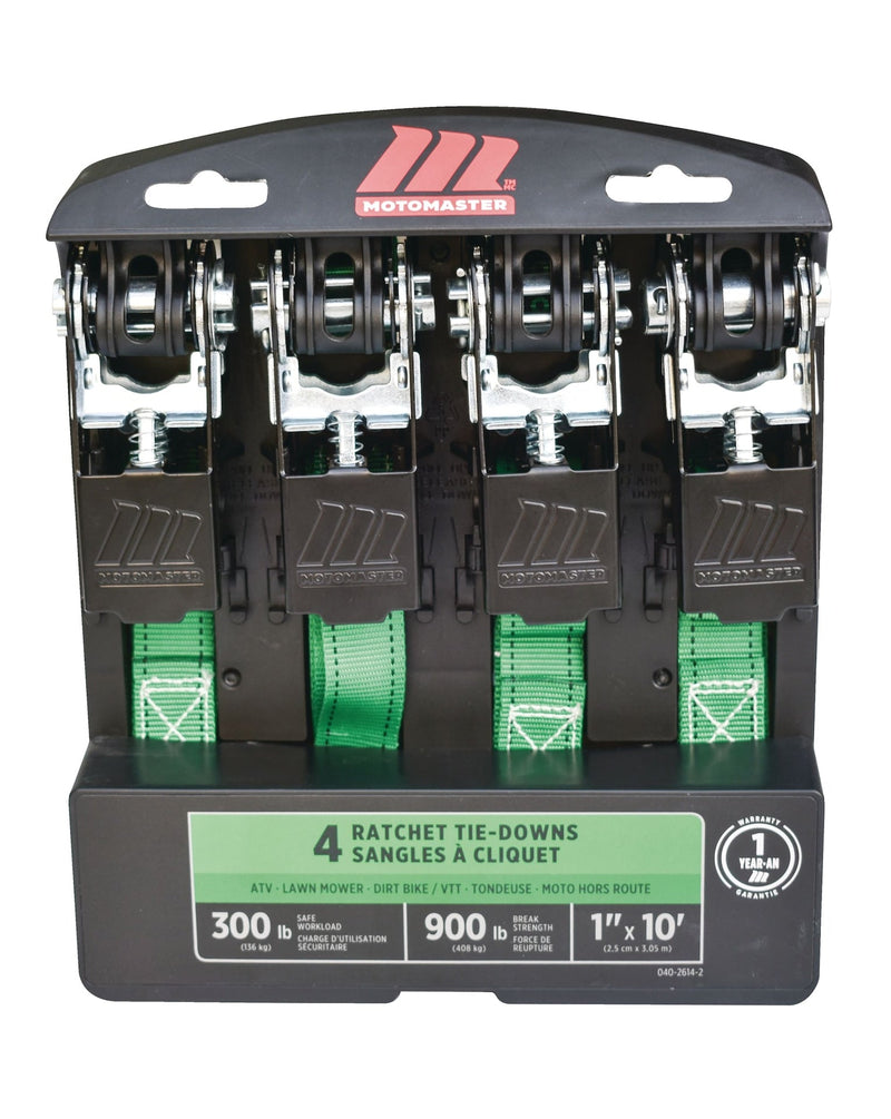 MotoMaster 900-lb Ratchet Tie-Down Straps, Non-Padded, 1-in x 10-ft, 4-pk Y1