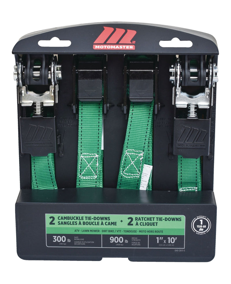 MotoMaster 900-lb Ratchet/Cambuckle Tie-Down Straps, Non-Padded, 1-in x 10-ft, 4-pk E0