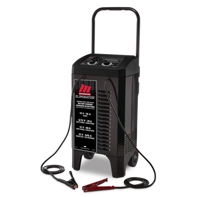 MotoMaster Eliminator Workshop Series Wheeled Battery Charger, Manually-Operated, 40/25/10-Amp, 6 & 12V, with 240-Amp Engine Start J2