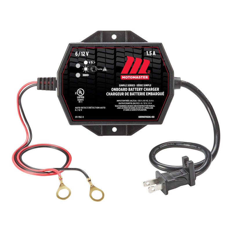 MotoMaster Simple Series Onboard Smart Battery Charger and Maintainer, Fully Automatic, 1.5-Amp, 6V/12V F0