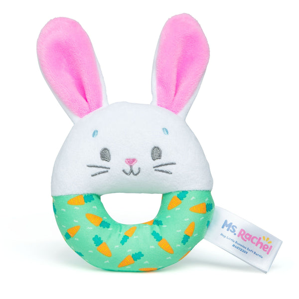 Ms. Rachel, Hop Little Bunnies Soft Rattle Toy, Baby Teething Toys with Plush Bunny Cover, Toddler Toys G3