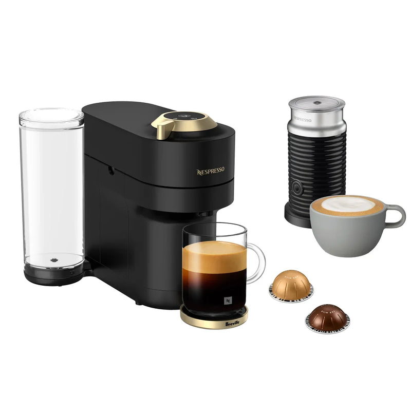 Nespresso Vertuo Pop+ Deluxe Coffee and Espresso Machine by Breville with Aeroccino with $25 Nespresso Coffee Credit, Matte Black and Gold E4