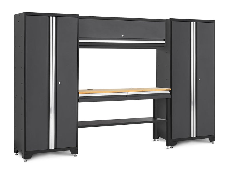 NewAge Bold 3.0 Series Lockable Steel Garage Cabinetry Set with Bamboo Top, Grey, 120-in x 18-in x 72-in, 5-pc W2