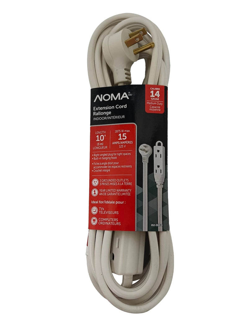 NOMA 14/3 Indoor Extension Cord with Right Angle Plug, 3 Grounded Outlets, White A3
