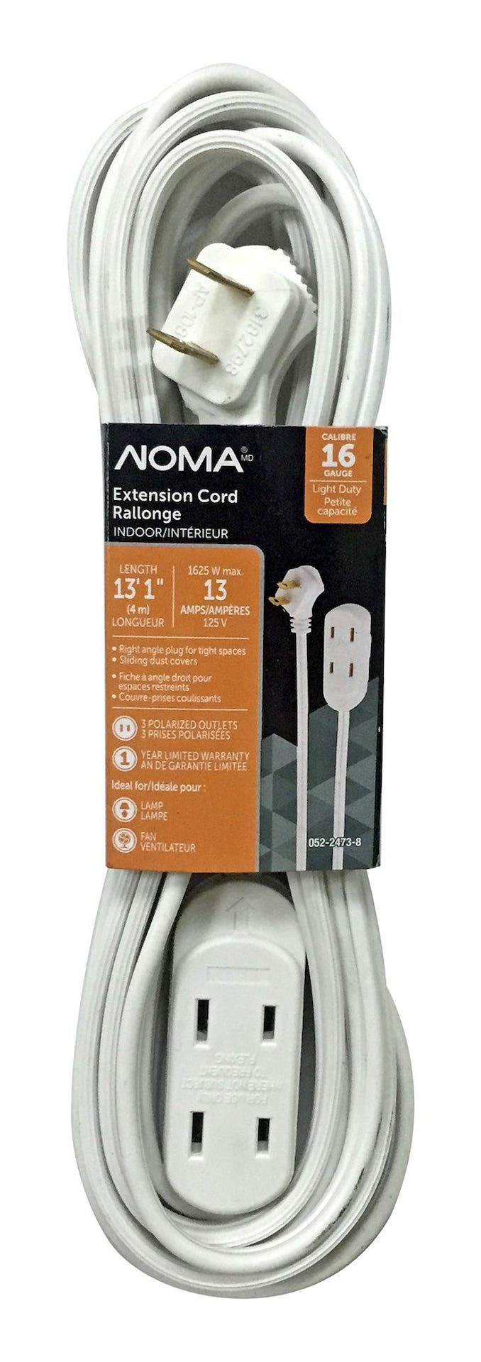 NOMA 15-ft 16/2 Indoor Extension Cord, 3 Outlets, Flat Plug, White J2
