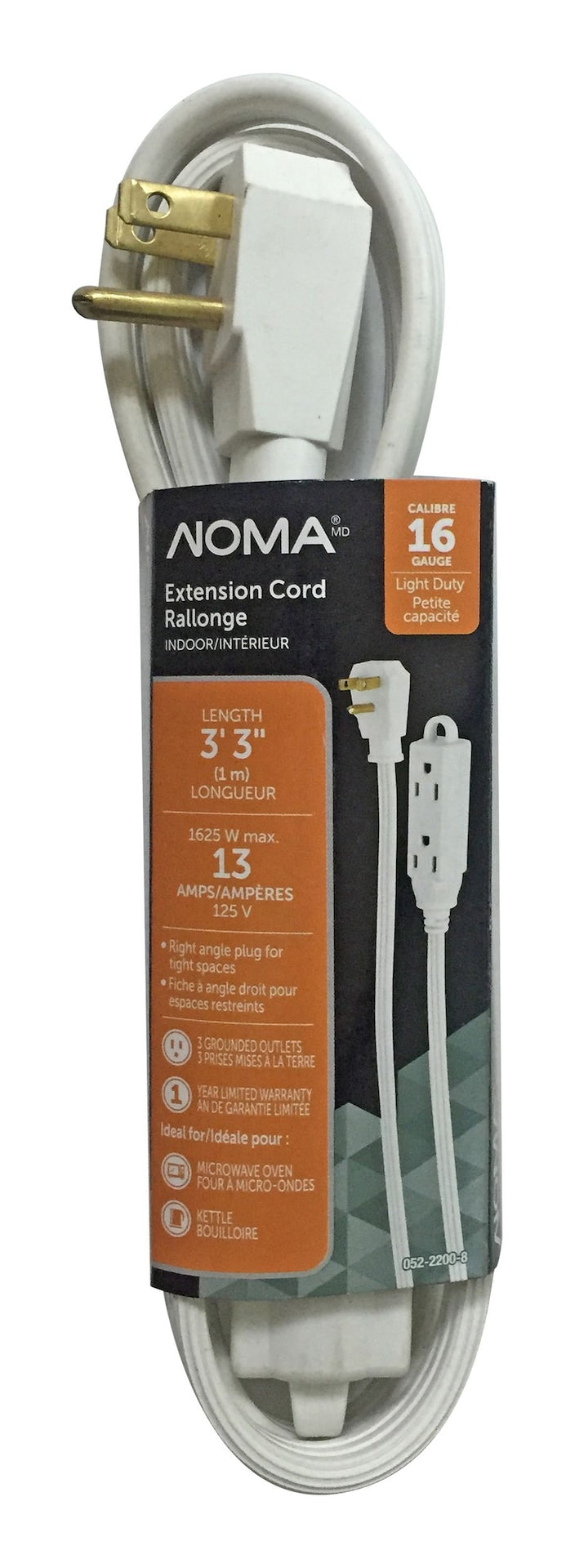 NOMA 3-ft 3-in 16/3 Indoor Extension Cord with Right Angle Plug, 3 Grounded Outlets, White I0