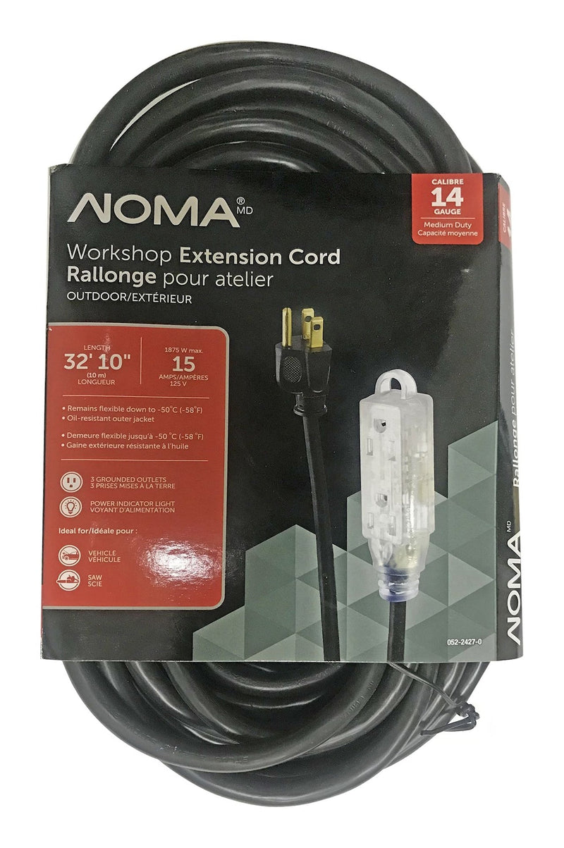 NOMA 32-ft 10-in 14/3 Outdoor Extension Cord with 3 Grounded Outlets and Lighted End, Black A6