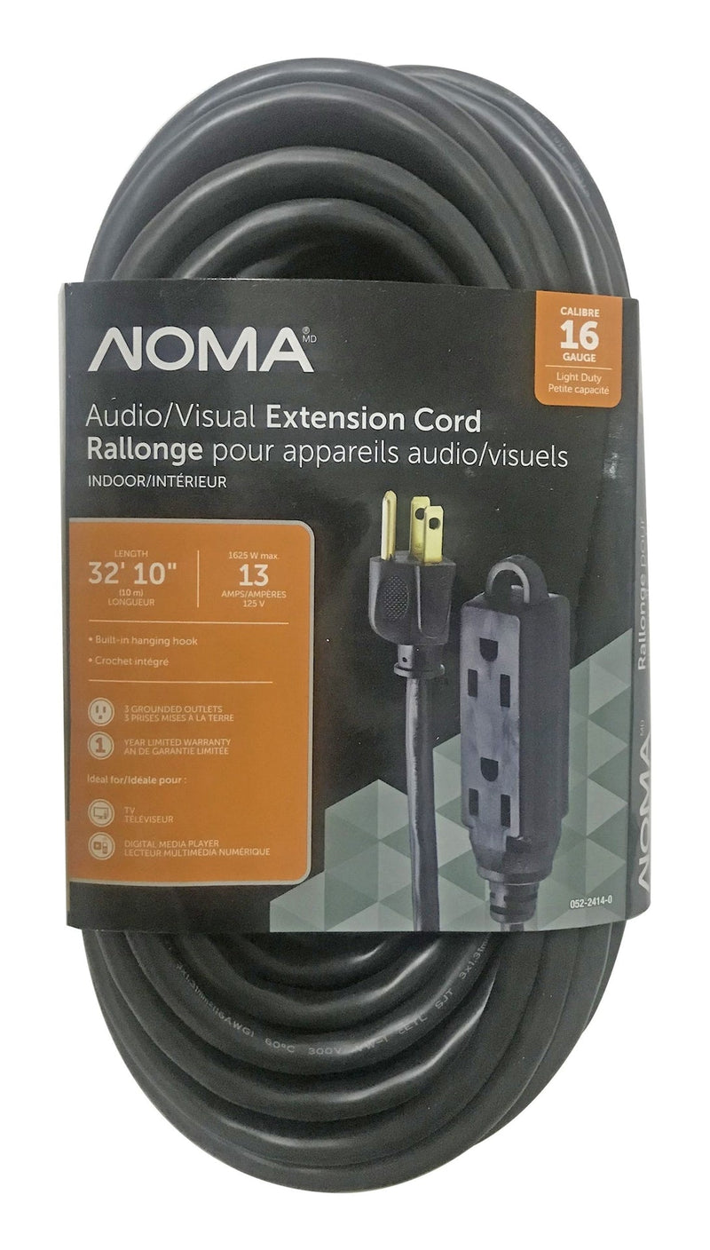NOMA 32-ft 10-in 16/3 Light Duty Extension Cord with 3 Grounded Outlets. Audio / Visual, Black I9