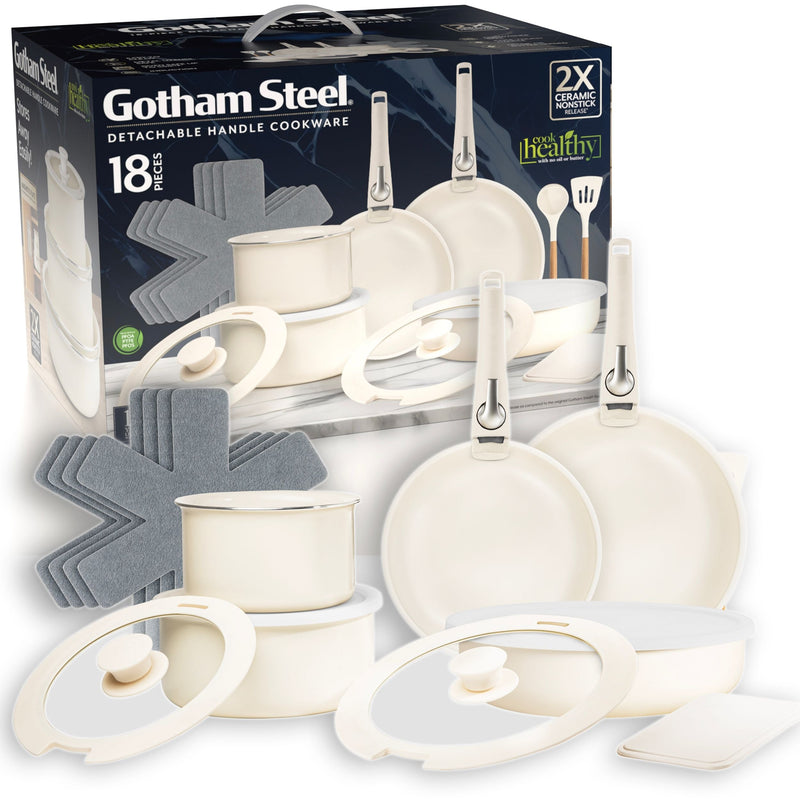 OB Gotham Steel Pots & Pan Set with Removable Handles, Cream, 18-pc V6