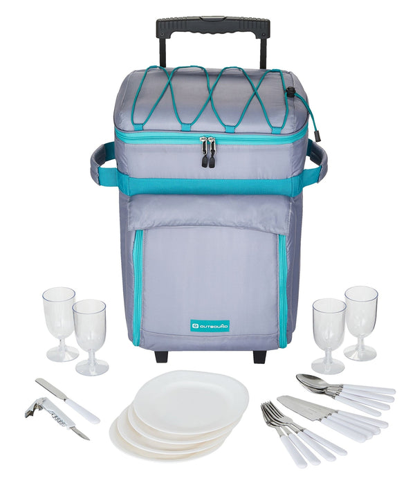 Outbound Wheeled Picnic Cooler with 21-Piece Cutlery/Plate Set, 18-Can A8