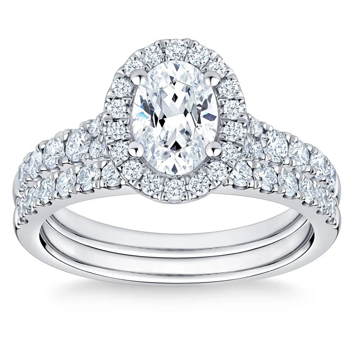 Oval Cut and Round Brilliant Diamond Halo Wedding Set (1.85 ctw) Q9