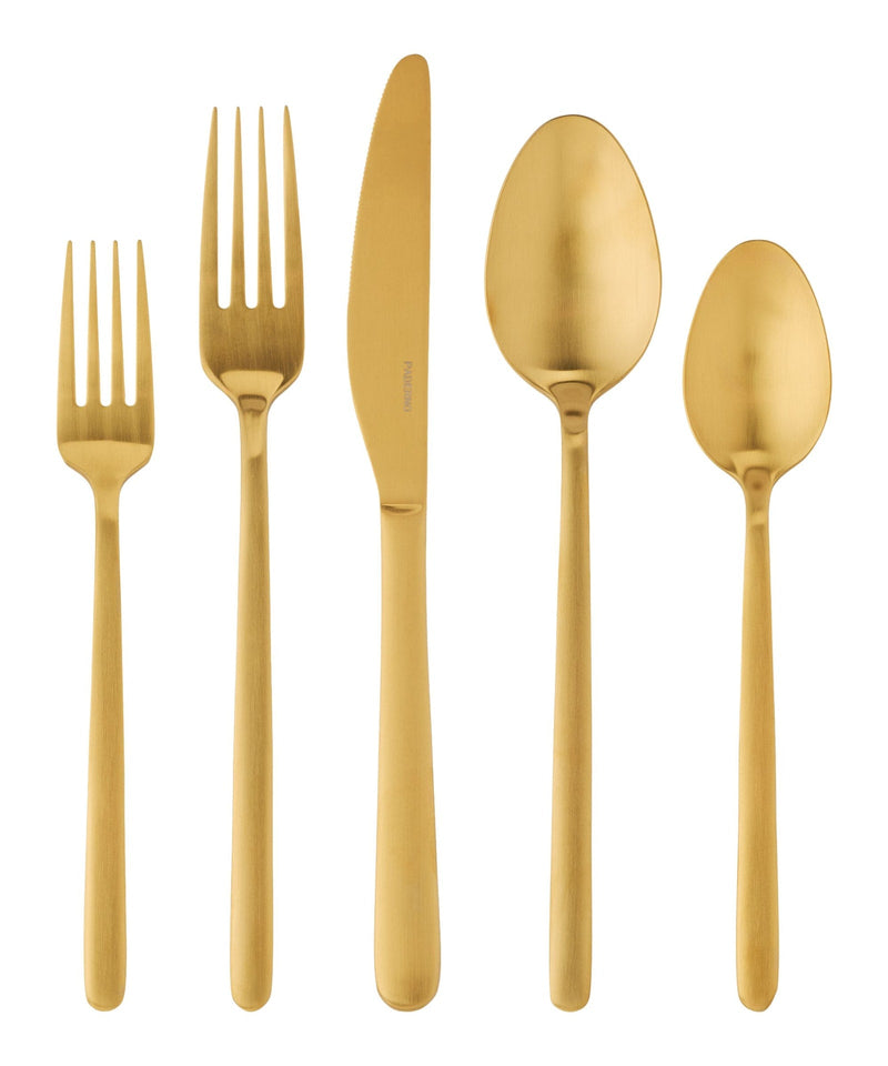 PADERNO Chelsey Satin Gold Finish Slim Round Stainless Steel Flatware Set, Serves 4, 20-pc D8