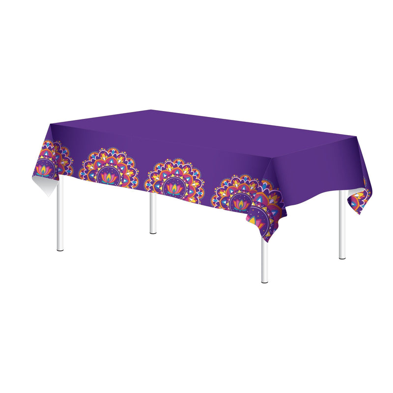 Rangoli Patterned Rectangle Plastic Reusable Table Cover, Multi-Coloured, 51x87-in, for Diwali S6