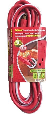 Ritecord 14-ft 7-in 16/3 Outdoor Extension Cord with 3 Grounded Outlets, Red/White/Green G9